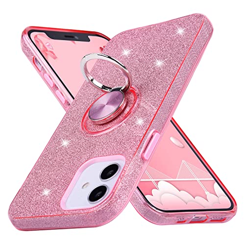 Wisdompro iPhone 12 Case, Cute Glitter Bling Sparkle Protective Case with Ring Kickstand, Women Girls Phone Case for 6.1 Inch Apple iPhone 12 & 12 Pro - Pink - Image 1