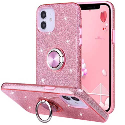 Wisdompro iPhone 12 Case, Cute Glitter Bling Sparkle Protective Case with Ring Kickstand, Women Girls Phone Case for 6.1 Inch Apple iPhone 12 & 12 Pro - Pink - Image 2