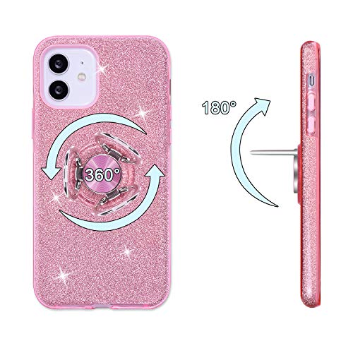 Wisdompro iPhone 12 Case, Cute Glitter Bling Sparkle Protective Case with Ring Kickstand, Women Girls Phone Case for 6.1 Inch Apple iPhone 12 & 12 Pro - Pink - Image 4