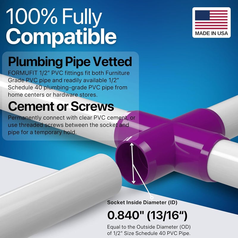 FORMUFIT F012CRX-PU-10 Cross PVC Fitting, Furniture Grade, 1/2" Size, Purple (Pack of 10) - Image 5