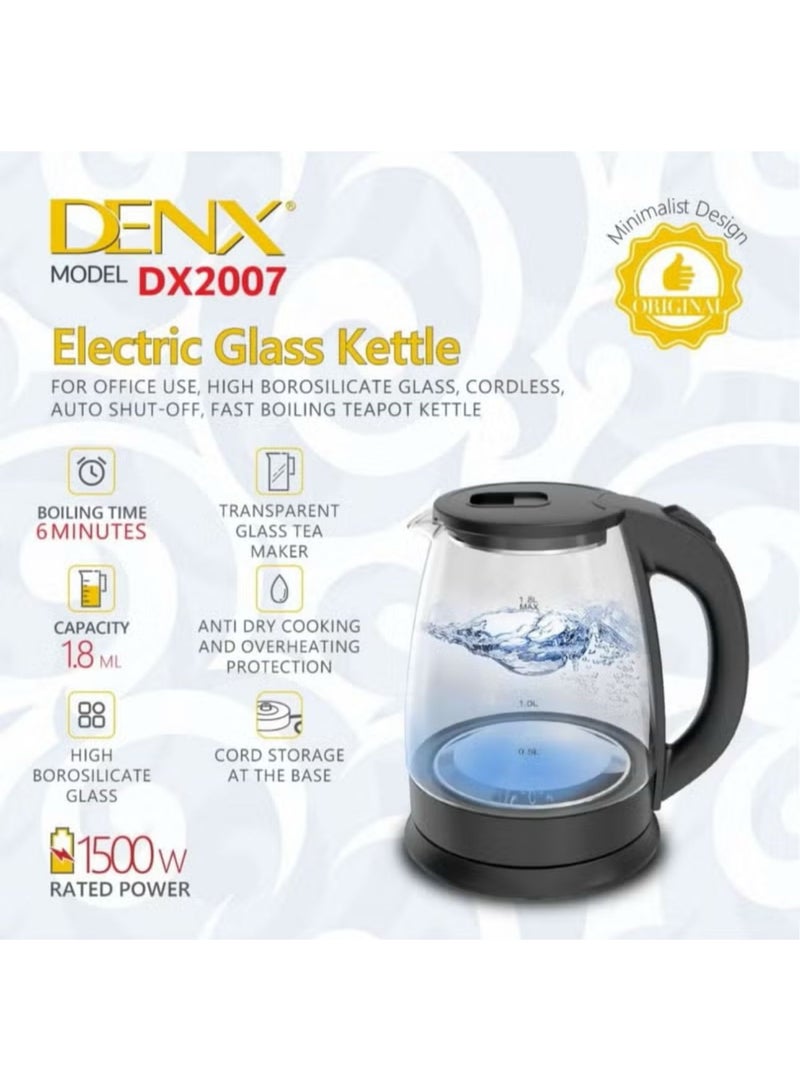 Denx 1.8L 1500W Rapid Boiling Electric Glass Kettle - Image 5