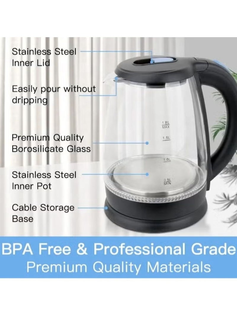 Denx 1.8L 1500W Rapid Boiling Electric Glass Kettle - Image 3