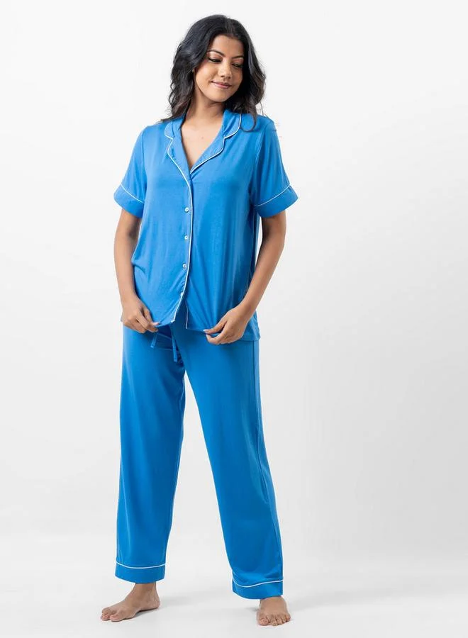 Aadaraya Aadaraya Solid Short Sleeves Shirt and Elasticated Pyjama Set