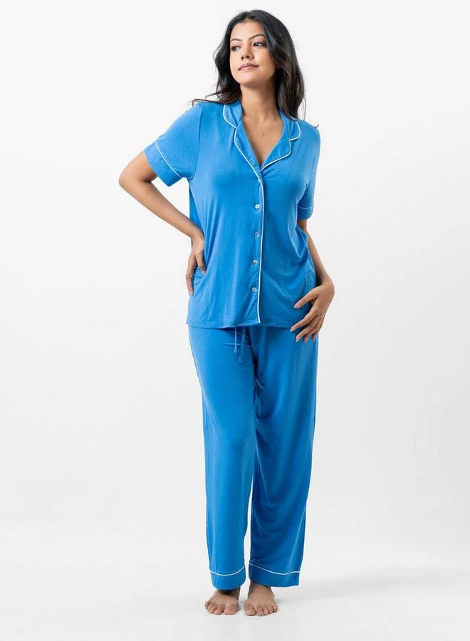 Aadaraya Aadaraya Solid Short Sleeves Shirt and Elasticated Pyjama Set