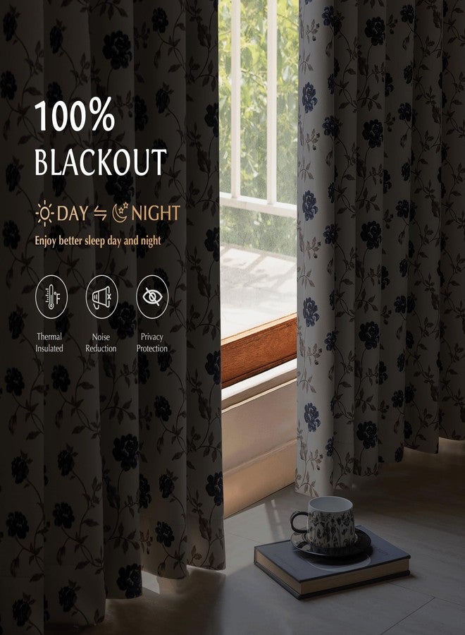 Beauoop Floral 100% Blackout Curtains 63 Inches Long 2 Panels for Bedroom Living Room Blue Brown on Beige Vintage Rose Flower Patterned Room Darkening Thermal Soundproof Grommet Window Drapes, 52X63 - Image 2