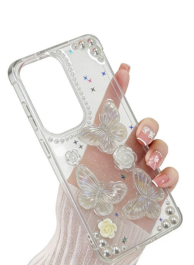 متوافق مع جراب سامسونج جالاكسي S23 الترا - جراب هاتف 3D Butterfly Rose Flower Shiny Girl - جراب هاتف شفاف - مع جراب هاتف Glory Rose Glany Fray - حماية من السقوط TPU - فراشة كريستال