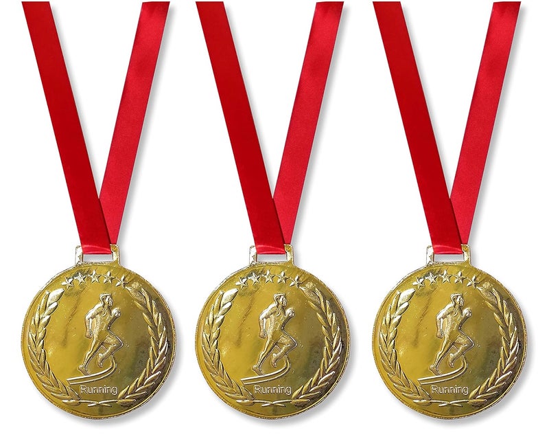 Running Compitition Medals 2.5" in Dia for Running Race Winners/Running Competition/Running Medal Color Tag/Ribbon (3 Medals with Ribbon, Gold)