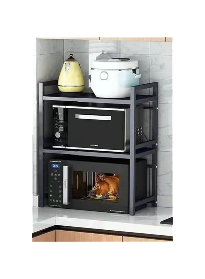 Beauenty Kitchen rack with shelves, adjustable and extendable kitchen storage rack, carbon steel microwave rack, rice cooker rack with 6 hooks, black (Double Layer) - Image 1