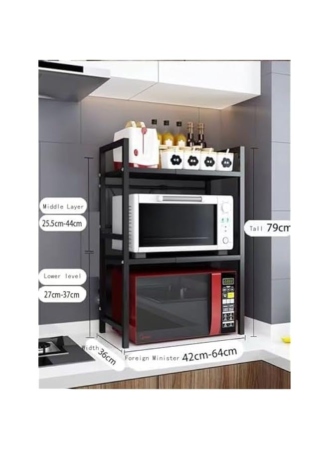 Beauenty Kitchen rack with shelves, adjustable and extendable kitchen storage rack, carbon steel microwave rack, rice cooker rack with 6 hooks, black (Double Layer) - Image 2