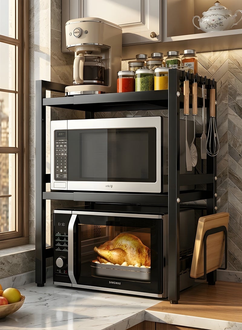 بيوينتي رف مطبخ مع ارفف، رف تخزين للمطبخ قابل للتعديل والتمديد، رف ميكروويف من الستيل الكربوني، رف طهي الارز مع 6 خطافات، اسود (طبقة مزدوجة) - Image 1