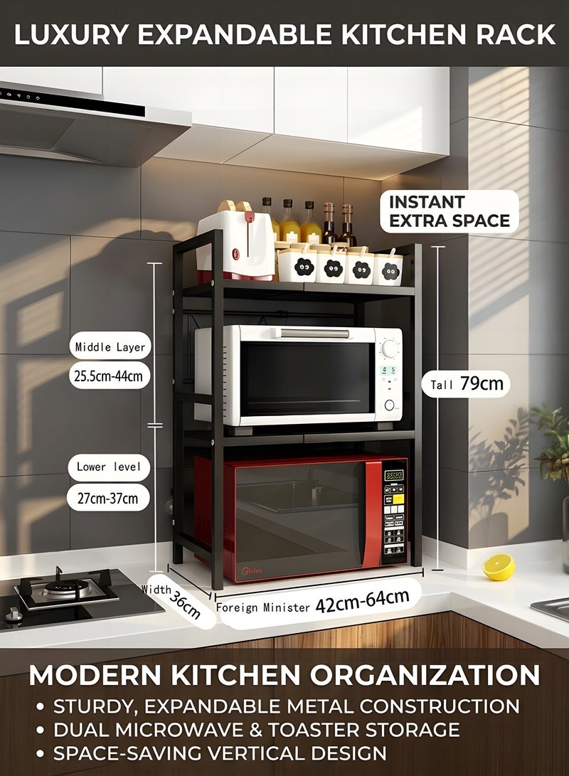 بيوينتي رف مطبخ مع ارفف، رف تخزين للمطبخ قابل للتعديل والتمديد، رف ميكروويف من الستيل الكربوني، رف طهي الارز مع 6 خطافات، اسود (طبقة مزدوجة) - Image 2