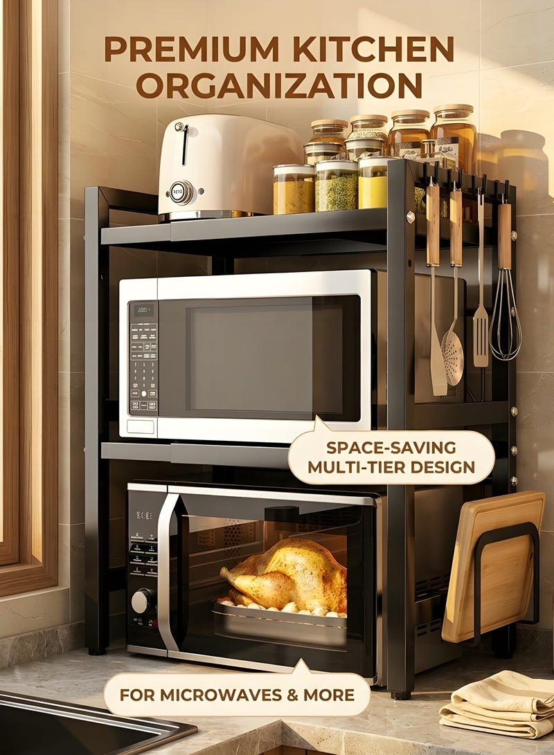 بيوينتي رف مطبخ مع ارفف، رف تخزين للمطبخ قابل للتعديل والتمديد، رف ميكروويف من الستيل الكربوني، رف طهي الارز مع 6 خطافات، اسود (طبقة مزدوجة) - Image 3