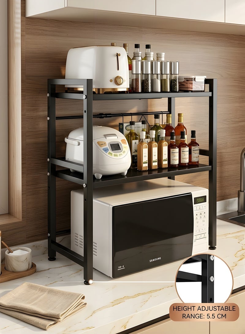 بيوينتي رف مطبخ مع ارفف، رف تخزين للمطبخ قابل للتعديل والتمديد، رف ميكروويف من الستيل الكربوني، رف طهي الارز مع 6 خطافات، اسود (طبقة مزدوجة) - Image 4