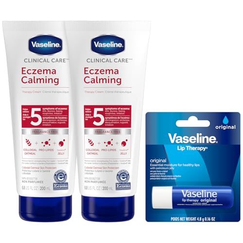 Vaseline Eczema Lotion, Calming Therapy Cream 2-Pack with Colloidal Oatmeal + Original Vaseline Lip Therapy for Dry Lips with Petroleum Jelly (3 Piece Set) - Image 1