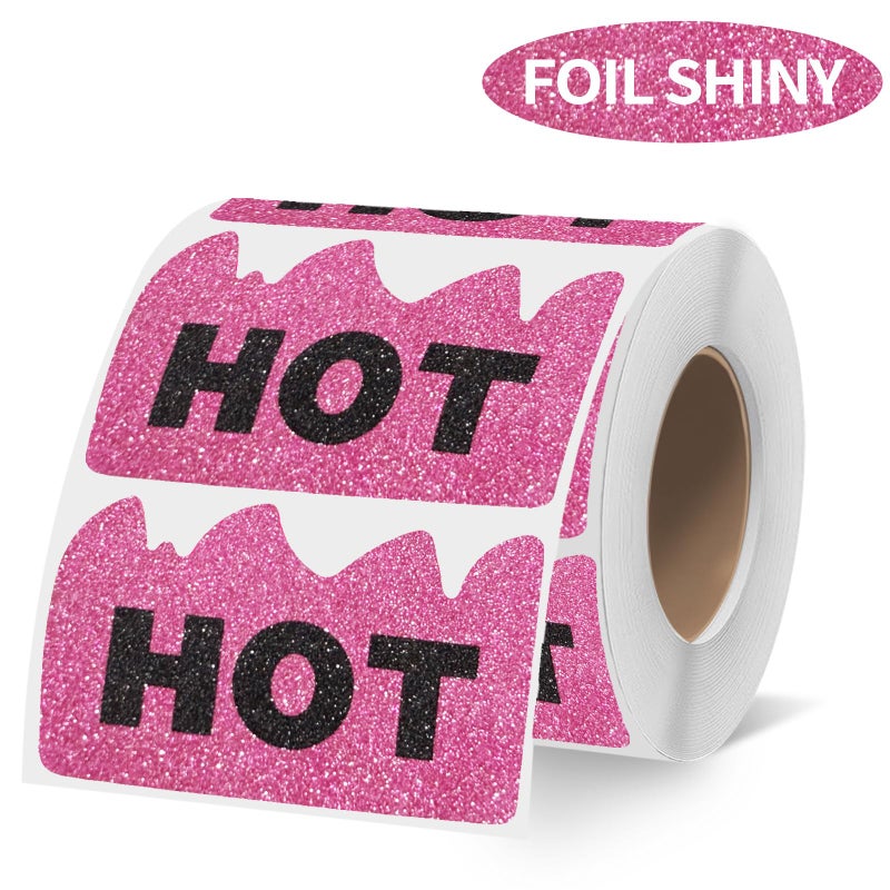 Yegawen 600 PCS Rave Hot Stickers 2 x 1-1/5 Inch Foil Shiny Pink Hot Flame Fire Shaped Stickers Marking Popular Items for Restaurant Supermarkets Stores Shops (Foil Shiny Pink) - Image 1