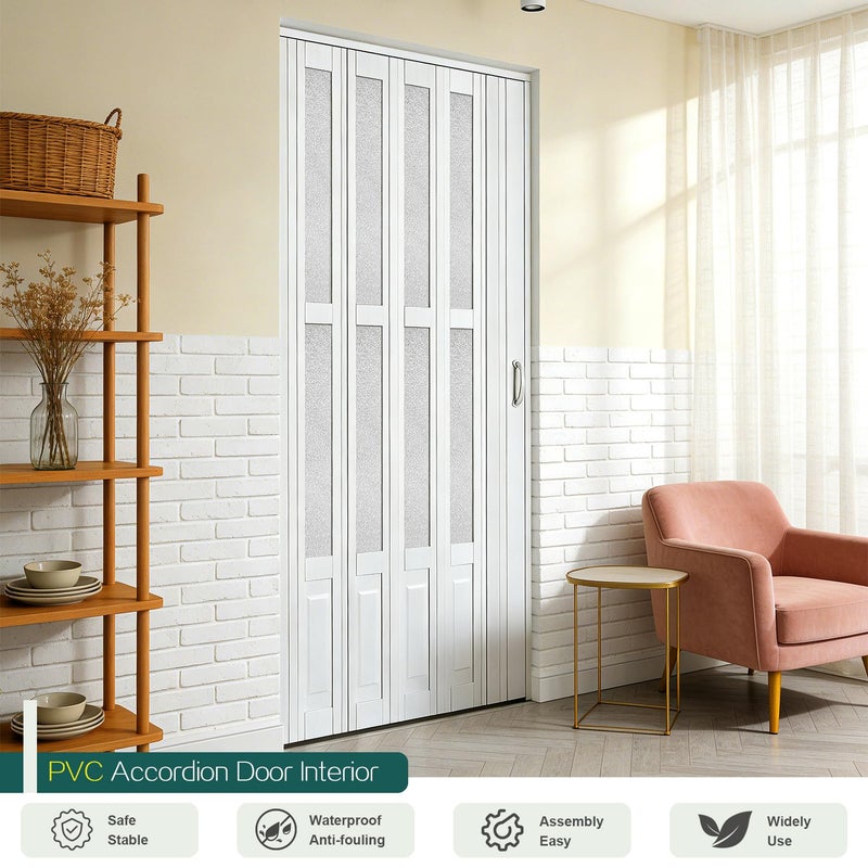 104RDHOUSE 32X80in Accordion Doors Interior,White PVC Folding Door with Handle & Latch, for Closet & Kitchen,Complete Hardware Kit Easy to Install - Image 2