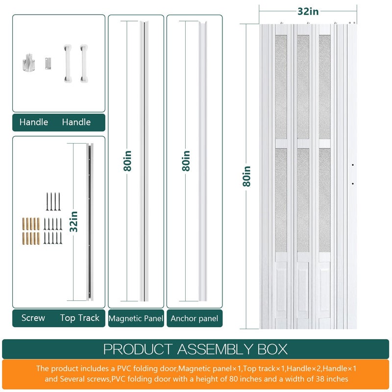 104RDHOUSE 32X80in Accordion Doors Interior,White PVC Folding Door with Handle & Latch, for Closet & Kitchen,Complete Hardware Kit Easy to Install - Image 3