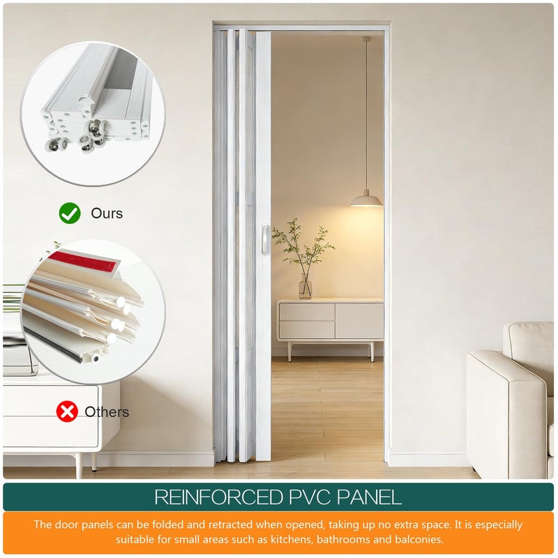 104RDHOUSE 32X80in Accordion Doors Interior,White PVC Folding Door with Handle & Latch, for Closet & Kitchen,Complete Hardware Kit Easy to Install - Image 5