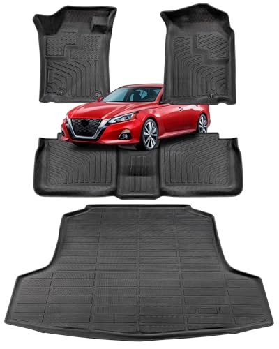 COTAZA Floor Mats for Nissan Altima 2013-2018 Car Accessories Set All Weather Rubber TPE Tech Black Trunk Cargo Liner & Front Rear Tapetes Custom Fit Carpets for Altima 2018 2017 2016 2015 2014 2013 - Image 1