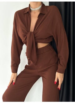 Escbutik Women's Elastic Waist Wrinkled Fabric Trousers Shirt Set of 2  - Image 1