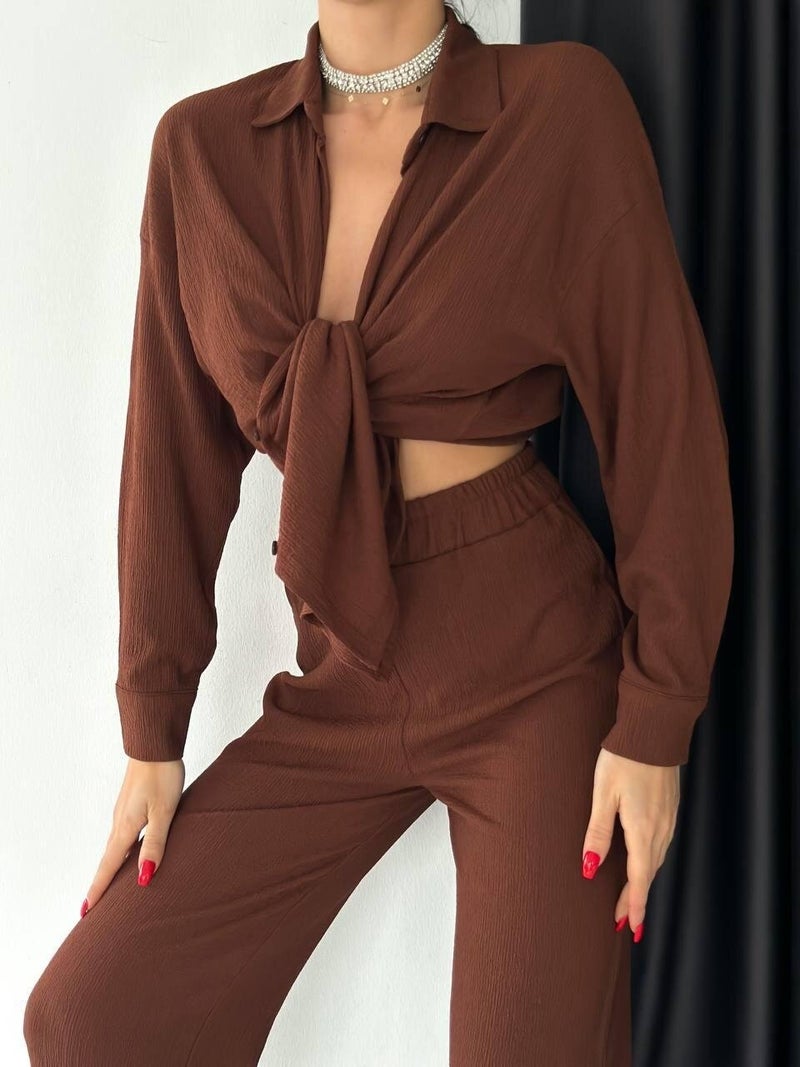 Escbutik Women's Elastic Waist Wrinkled Fabric Trousers Shirt Set of 2  - Image 1