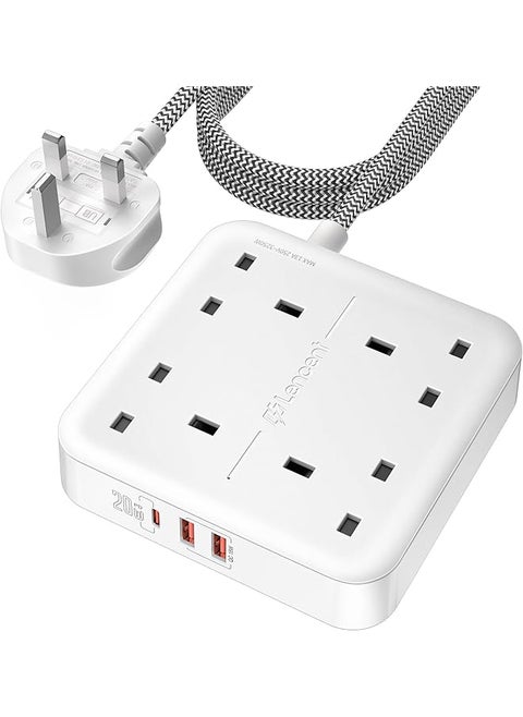 LENCENT Extension Lead with 4 Way Outlets, 3250W 13A Power Strip, PD 20W USB-C and 2 USB-A QC 3.0, 1.8M Braided Extension Cord, Multi Power Plug Extension for Home and Office, White