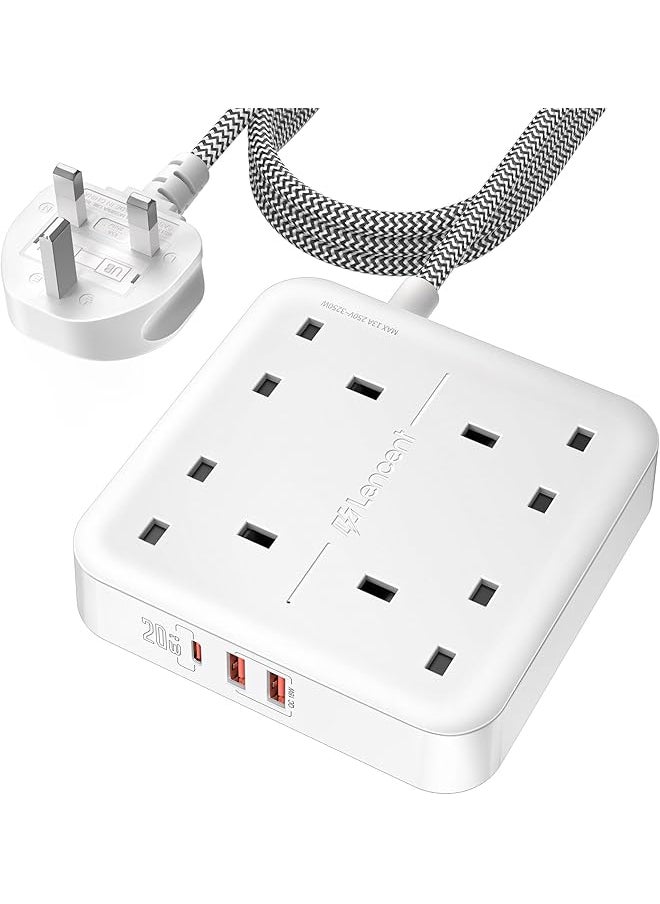 Lencent LENCENT Extension Lead with 4 Way Outlets, 3250W 13A Power Strip, PD 20W USB-C and 2 USB-A QC 3.0, 1.8M Braided Extension Cord, Multi Power Plug Extension for Home and Office, White 