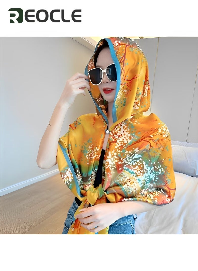 REOCLE Women's Hooded Cape Hooded Shawl Sun Hat Scarf with Magnetic Buckle & Fashion Print Sun Protection Shawl for Spring Autumn Summer - Image 5