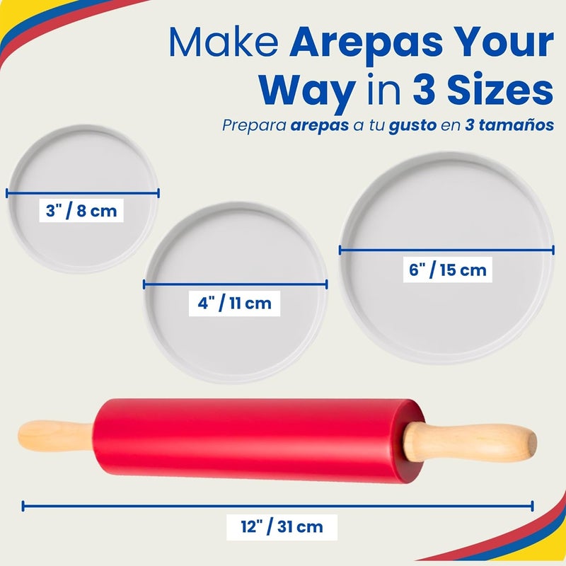 TRAITOOLS Molde para Arepas Rodillo Incluido (with Rolling Pin) – 3 Sizes (5.9", 4.3", 3.1") & Double Thickness for Perfect Arepas Colombianas, Gorditas, & More – Durable, Food-Safe, Easy-to-Clean Kitchen Tool - Image 2