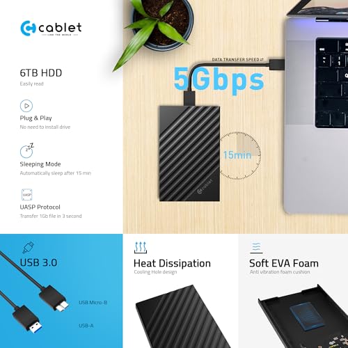 Cablet 2.5 Inch SATA USB 3.0 HDD/SSD 5Gbps Speed Portable External Enclosure for 7mm and 9.5mm, Tool-Free Design, Supports UASP Max 6TB (HD2599-U3 (USB 3.0)) - Image 2