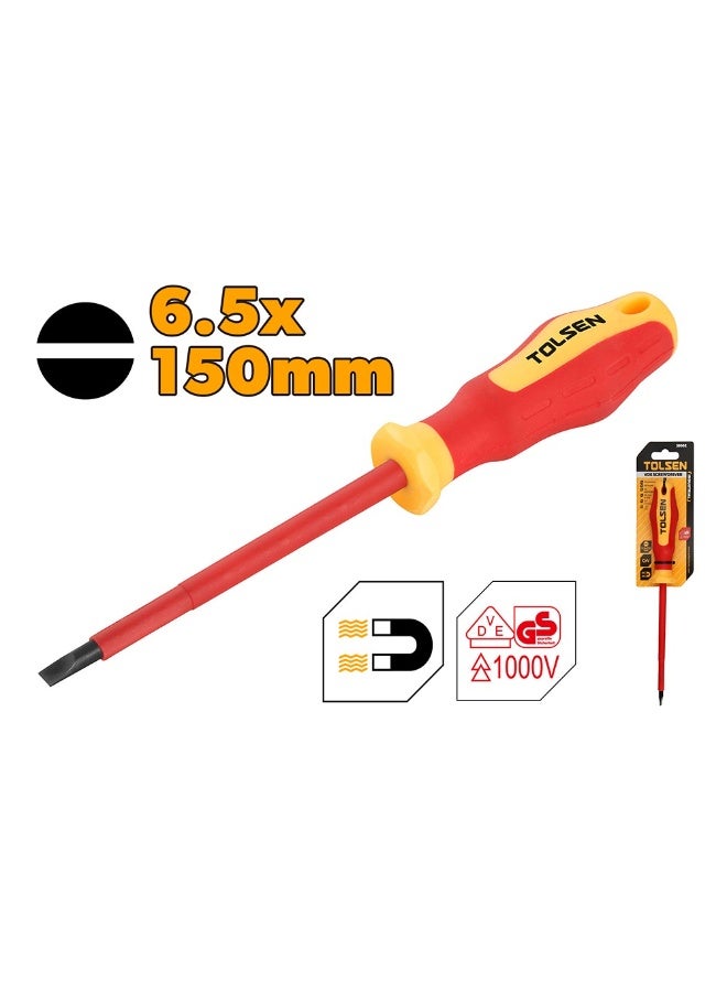 Tolsen 38003 VDE Insulated Slotted Screwdriver 6.5 × 150mm – 1000V Cr-V Electrician Flat Head Screwdriver