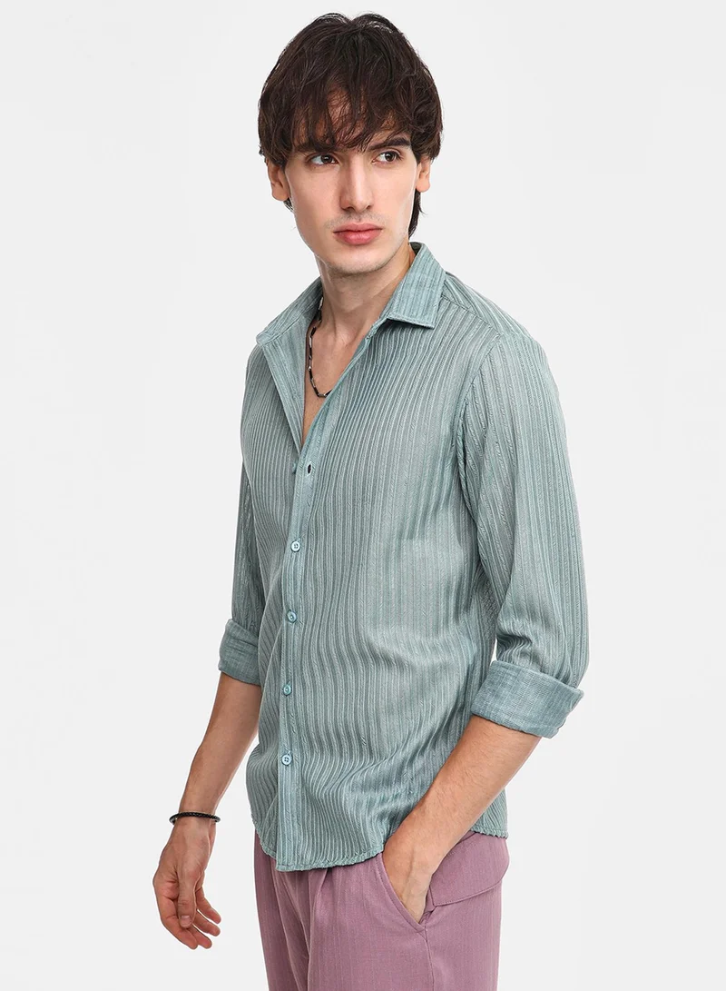 كامبوس سوترا Men's Sea Green Ribbed-Striped Shirt