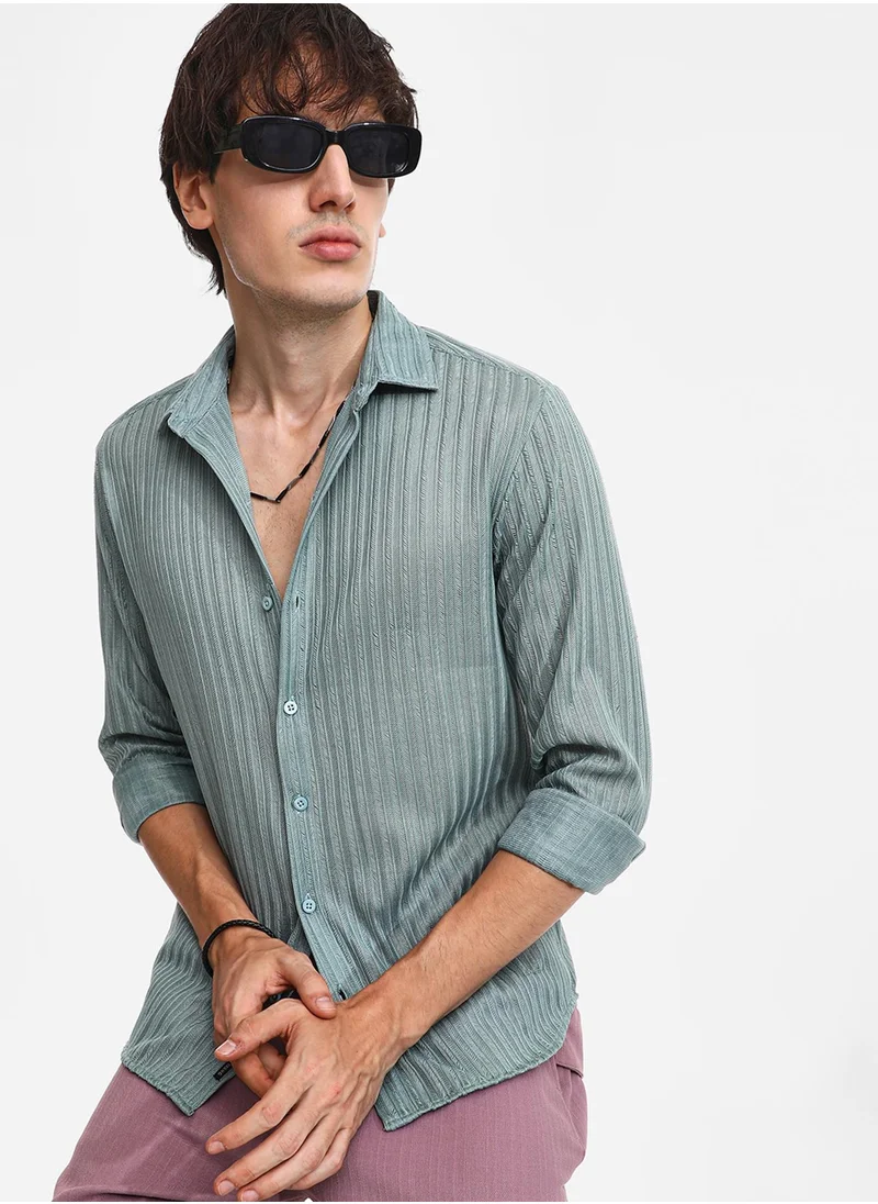 Campus Sutra Men's Sea Green Ribbed-Striped Shirt