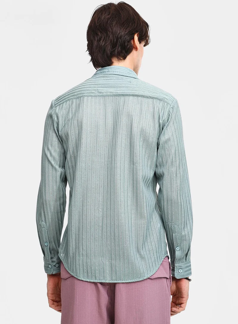 كامبوس سوترا Men's Sea Green Ribbed-Striped Shirt