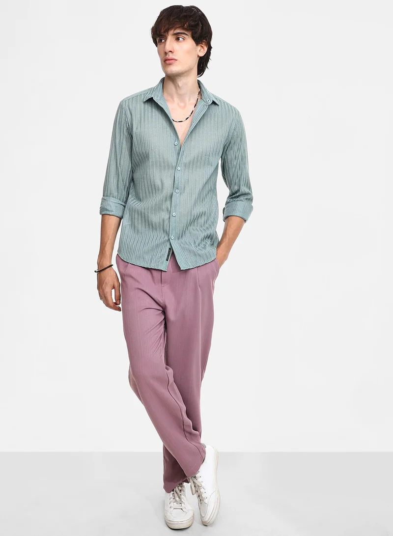 كامبوس سوترا Men's Sea Green Ribbed-Striped Shirt