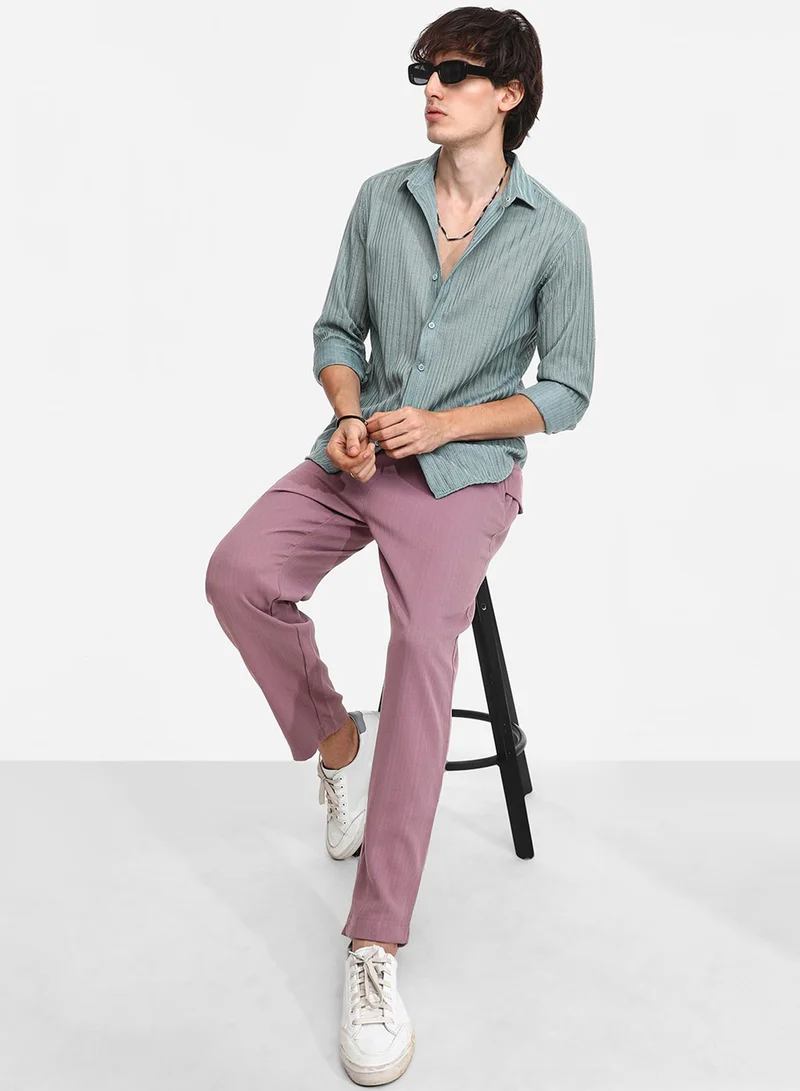 كامبوس سوترا Men's Sea Green Ribbed-Striped Shirt