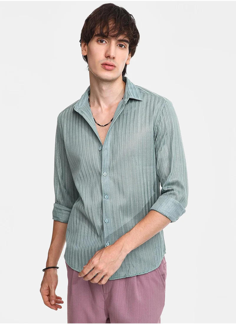 Campus Sutra Men's Sea Green Ribbed-Striped Shirt