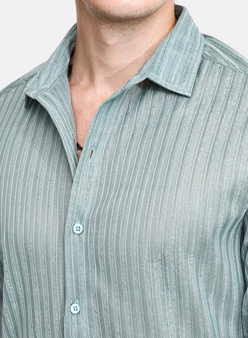 كامبوس سوترا Men's Sea Green Ribbed-Striped Shirt