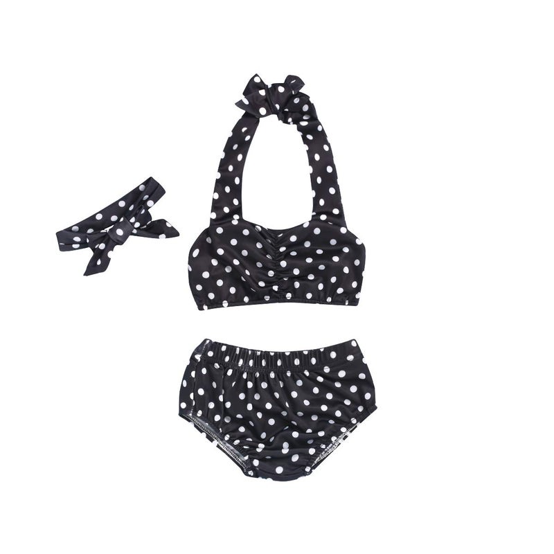 Aalizzwell Baby Girl Bikini,Kids Toddler Polka Dot Swimsuits Halter Swimwear Bikinis Set with Headband (Black, 6-12 Months) - Image 1