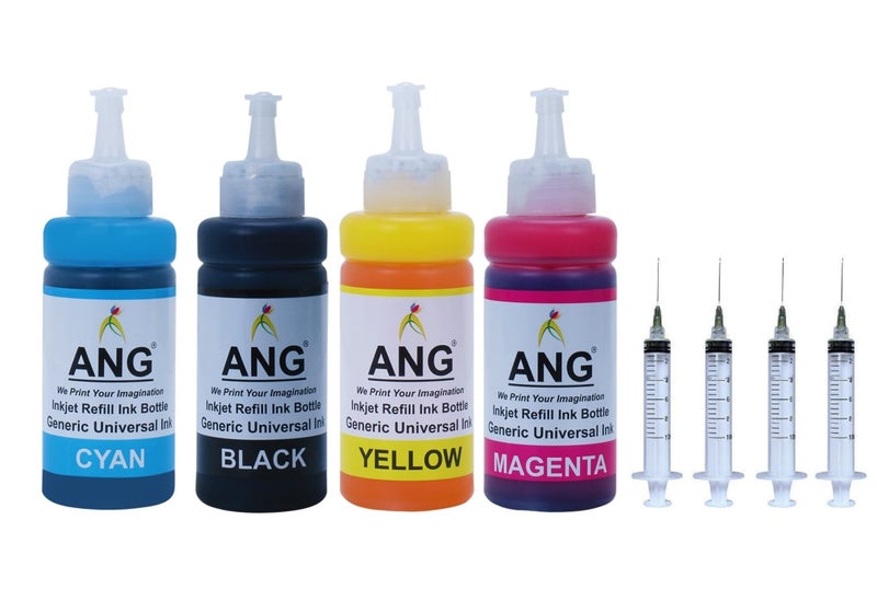 ANG Ink Refill Kit for Printer Cartridges & Refillable Ink Cartridges CISS System for H.p. and Cannon Printers 4 Ink Bottles & 4 Syringe - Image 1