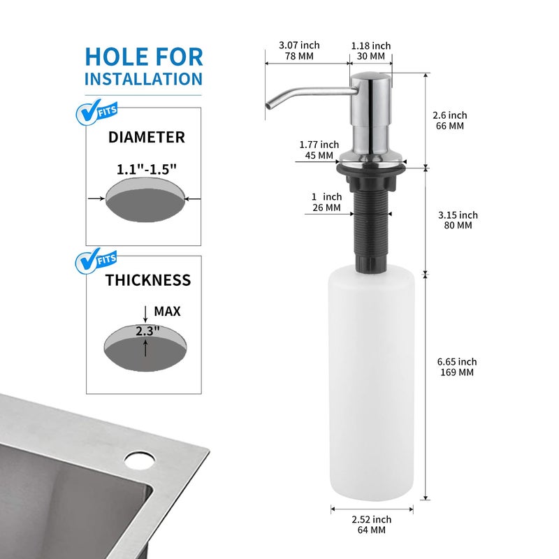 DOILIESE Built In Soap Dispenser For Kitchen Sink  Chrome Stainless Steel Countertop Pump Head (Plastic Inside)  Dish Soap Hand Lotion Dispenser With Refillable 17Oz Bottle - Image 2