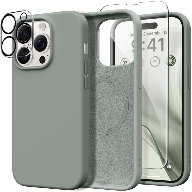 GONEZ for iPhone 14 Pro Case, Compatible with Magsafe, with Screen Protector + Camera Lens Protector, Soft Anti-Scratch Microfiber Lining, Shockproof Liquid Silicone Phone Cover, Calke Green - Image 1