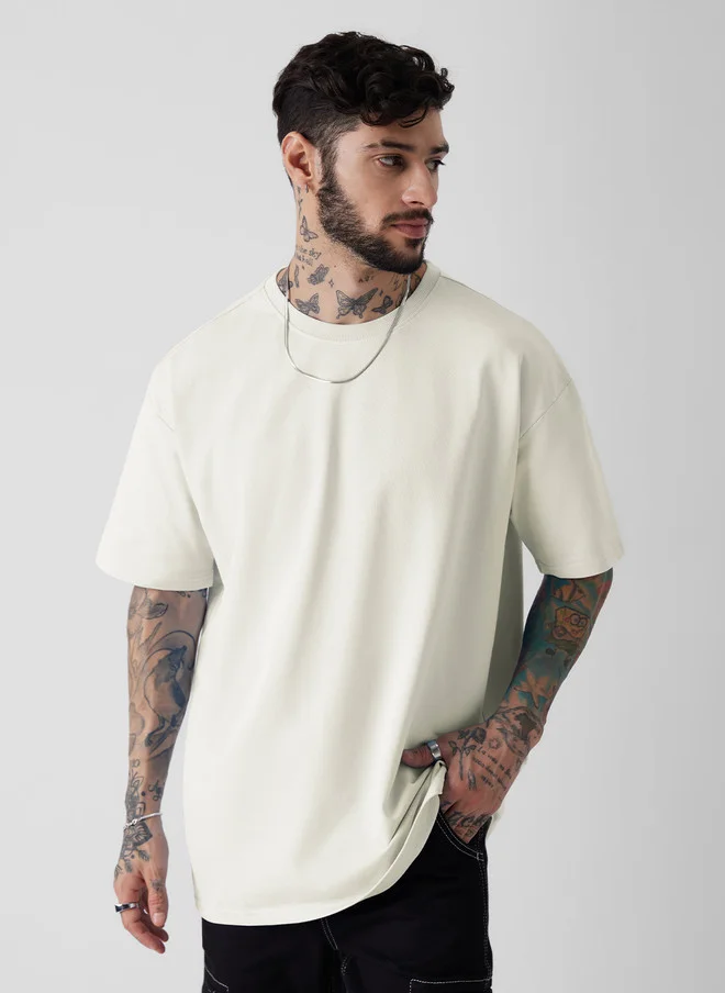 The Souled Store Men Oversized Solid Eggshell White T-Shirt