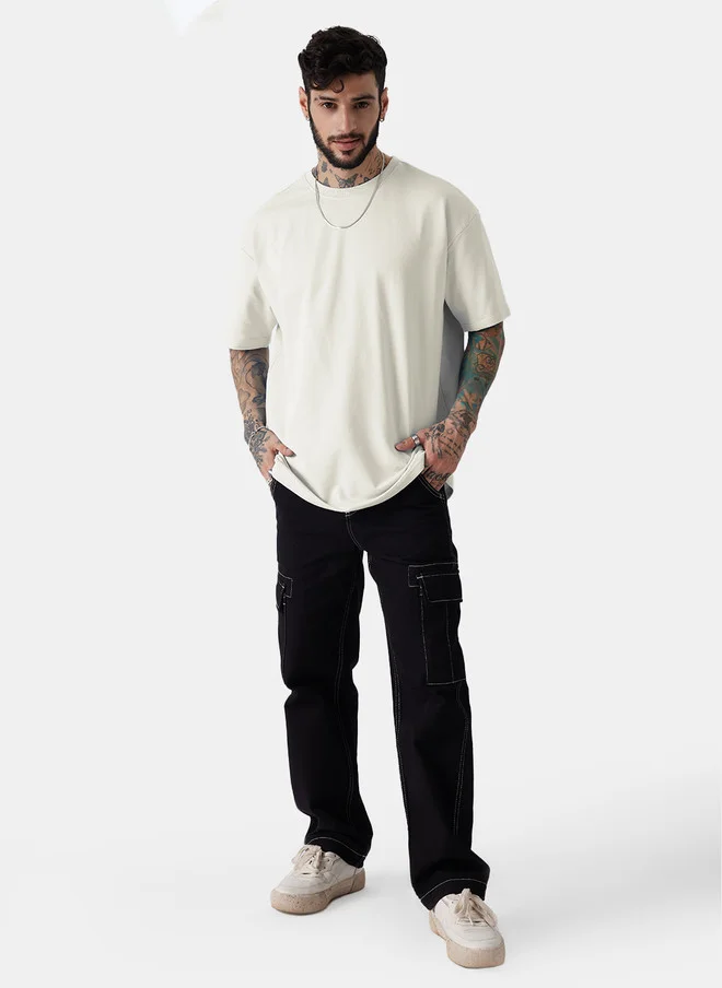 The Souled Store  The Souled Store Men Oversized Solid Eggshell White T-Shirt  | Best Price UAE