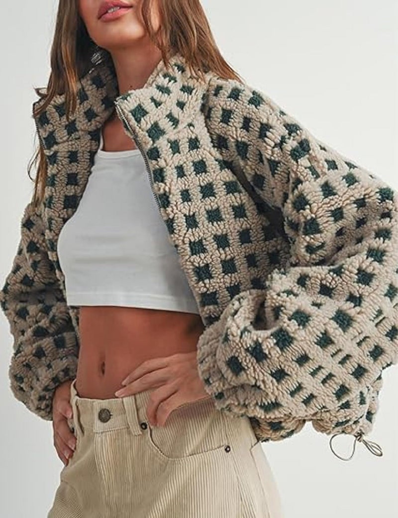Yoawdats Womens Cute Sherpa Fleece Jacket Fuzzy Zip Up Checkered Cropped Going Out Jacket Teddy Fluffy Casual Outerwear (Green, L) - Image 3