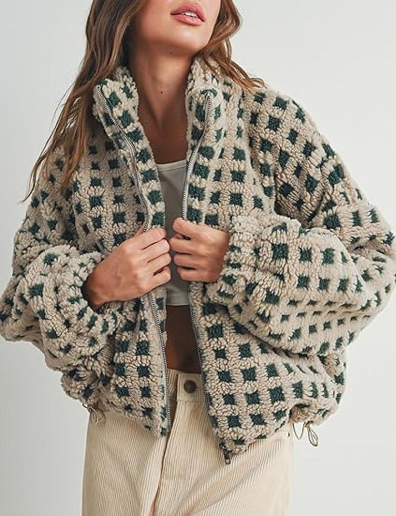 Yoawdats Womens Cute Sherpa Fleece Jacket Fuzzy Zip Up Checkered Cropped Going Out Jacket Teddy Fluffy Casual Outerwear (Green, L) - Image 2