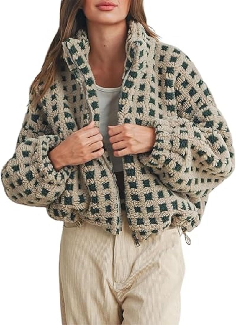 Yoawdats Womens Cute Sherpa Fleece Jacket Fuzzy Zip Up Checkered Cropped Going Out Jacket Teddy Fluffy Casual Outerwear (Green, L) - Image 1