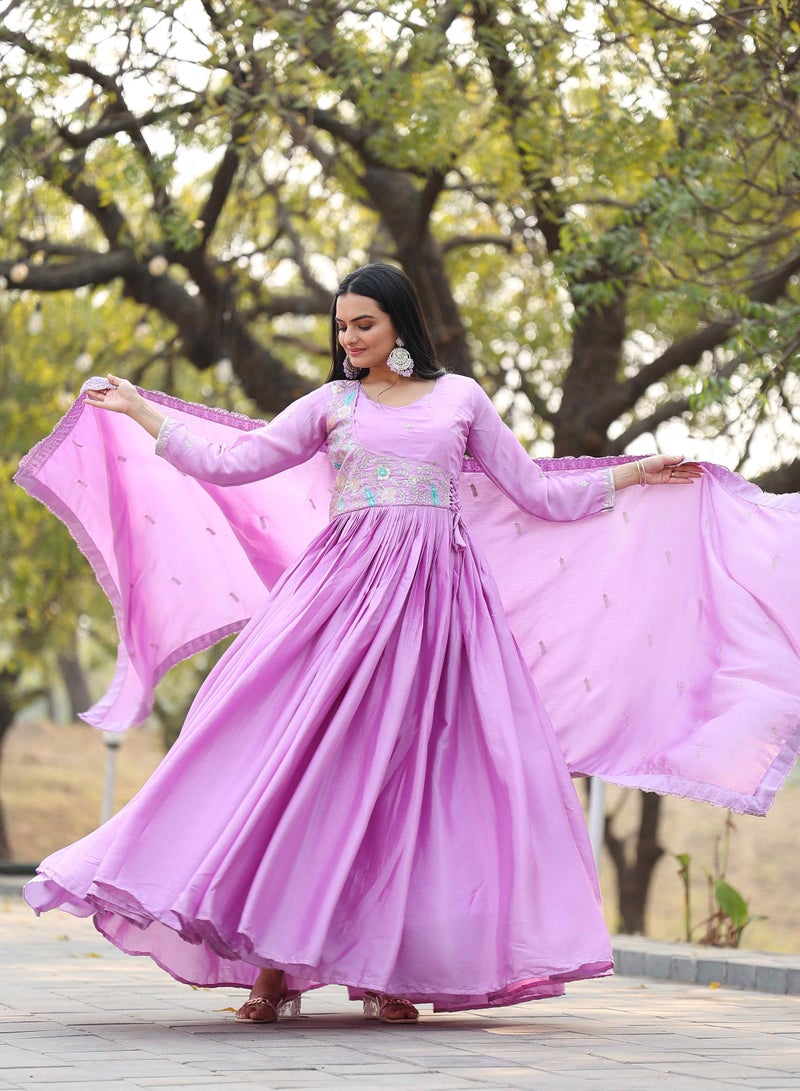 Super Asian "Luxury Chinnon Ensemble: Hand-Embroidered Gown & Dupatta Set"  - Image 1