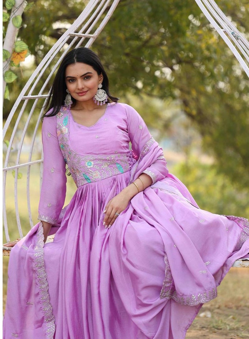 Super Asian "Luxury Chinnon Ensemble: Hand-Embroidered Gown & Dupatta Set"  - Image 5