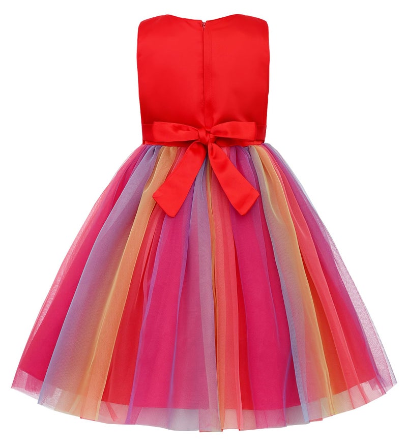 Uhnice Little Girl's Sequin Sleeveless Mesh Rainbow Dress for Wedding Party (Red, 6-7/140) - Image 3